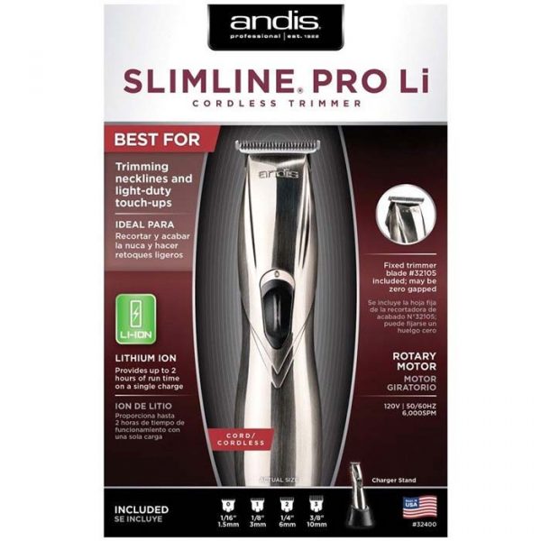 Andis Slimline Pro Li T-Blade Trimmer Silver #32400 (Dual Voltage)